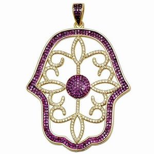 Technibonded 3” Ruby Zircon & Clear Hamsa Hand, Angel Eye Protection Pendant